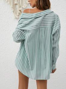 SHEIN Frenchy Cotton Striped Print Drop Shoulder Shirt & Shorts Without Tube Top Green - Green - View 5