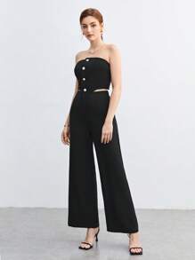BizChic Button Front Tube Top & Wide Leg Trousers - Black - View 4