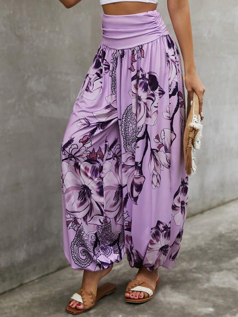 EMERY ROSE 印花皺褶寬腰帶腰長褲