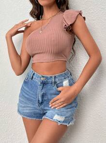 SHEIN Privé One Shoulder Ruffle Trim Crop Tee - Coral Pink - View 4