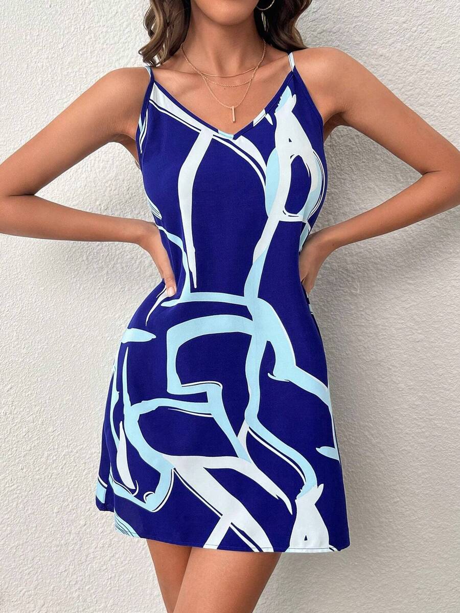 SHEIN Privé 圖案印花吊帶洋裝 - 寶藍色 - 查看 1