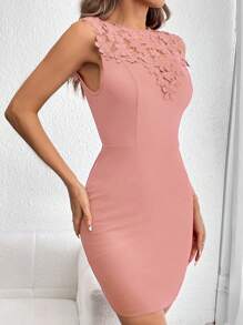 SHEIN Privé Guipure Lace Appliques Bodycon Dress - Coral Pink - View 3