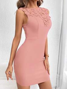 SHEIN Privé Guipure Lace Appliques Bodycon Dress - Coral Pink - View 5
