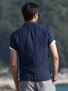 男士條紋印花襯衫 - 藏蓝色 - 查看 2