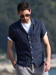 男士條紋印花襯衫 - 藏蓝色 - 查看 4