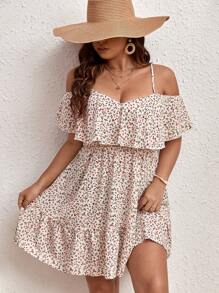 Dreamara WYWH Women Vacation Plus Ditsy Floral Print Cold Shoulder Ruffle Hem Flower Dress,Beach Dress Sundress,Holiday Outfits Boho - Apricot - View 1