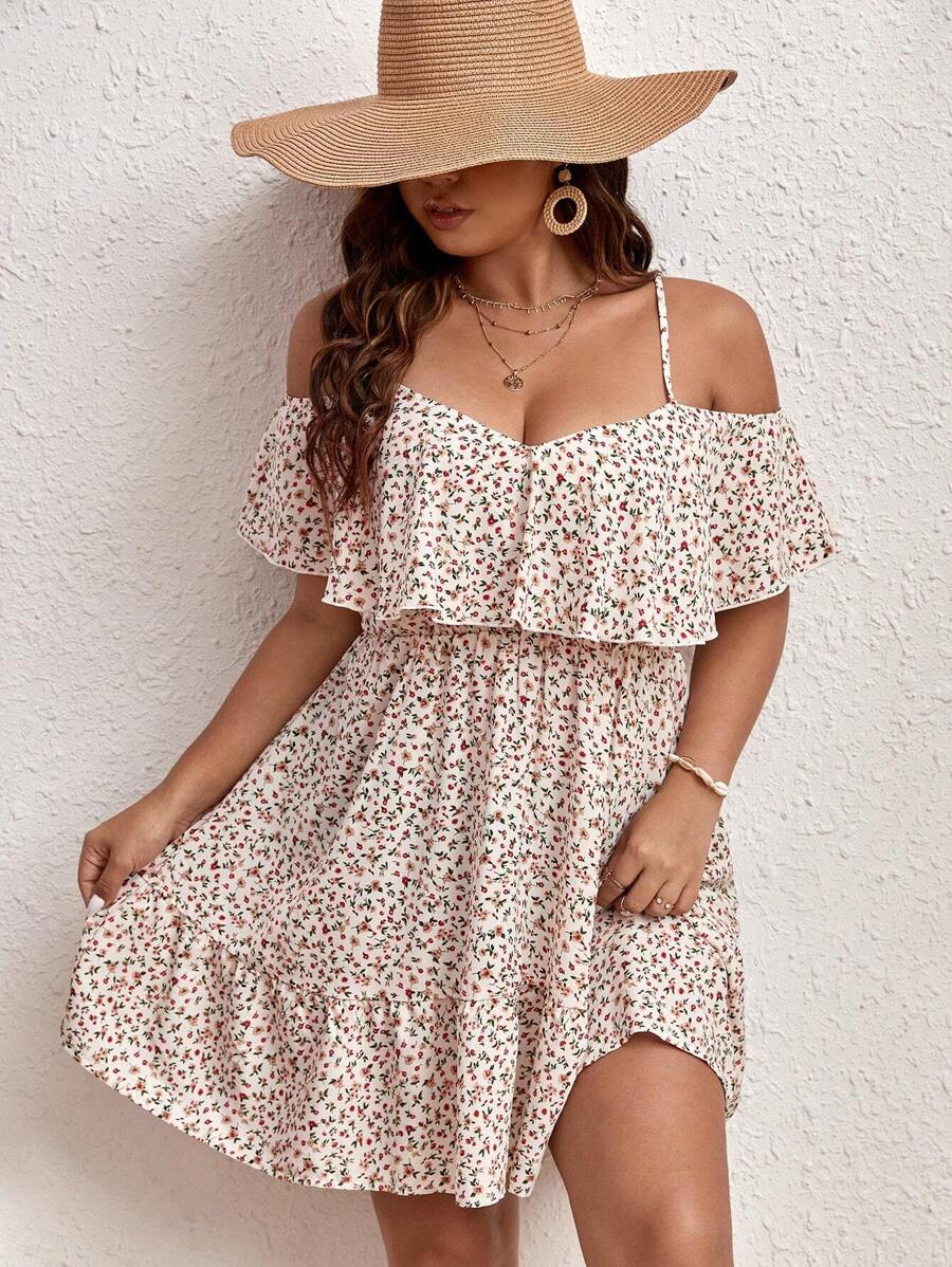 Dreamara WYWH Women Vacation Plus Ditsy Floral Print Cold Shoulder Ruffle Hem Flower Dress,Beach Dress Sundress,Holiday Outfits Boho - Apricot - View 1