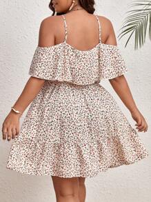 Dreamara WYWH Women Vacation Plus Ditsy Floral Print Cold Shoulder Ruffle Hem Flower Dress,Beach Dress Sundress,Holiday Outfits Boho - Apricot - View 2