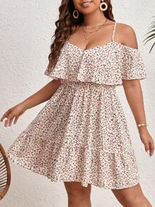 Dreamara WYWH Women Vacation Plus Ditsy Floral Print Cold Shoulder Ruffle Hem Flower Dress,Beach Dress Sundress,Holiday Outfits Boho - Apricot - View 5