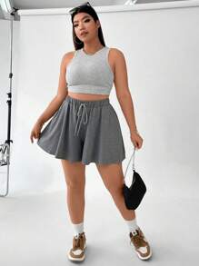 Flirla Plus Drawstring Waist Slant Pocket Shorts - Grey - View 4