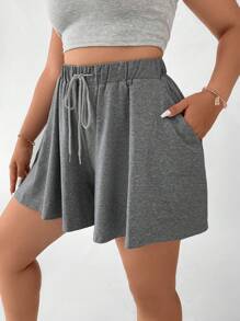 Flirla Plus Drawstring Waist Slant Pocket Shorts - Grey - View 5