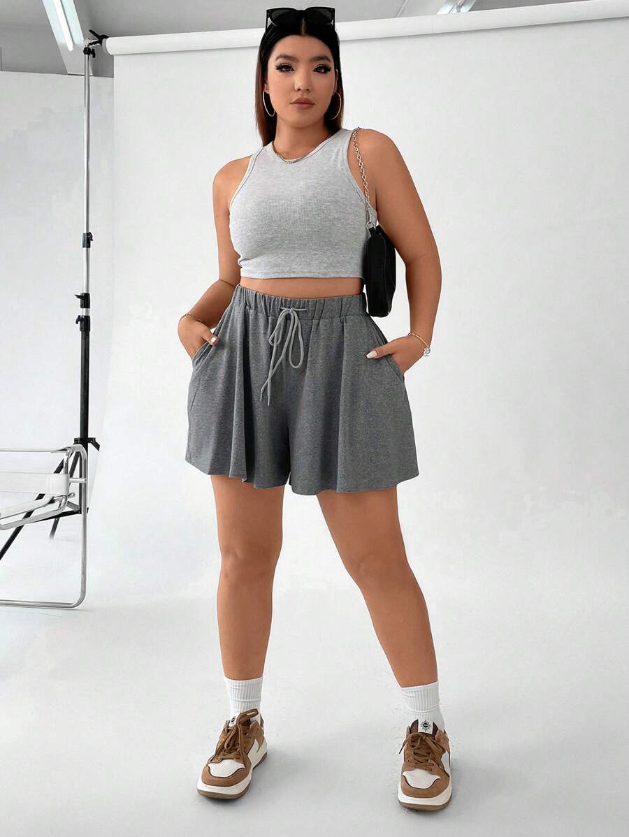 Flirla Plus Drawstring Waist Slant Pocket Shorts - Grey - View 1