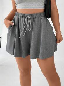 Flirla Plus Drawstring Waist Slant Pocket Shorts - Grey - View 7