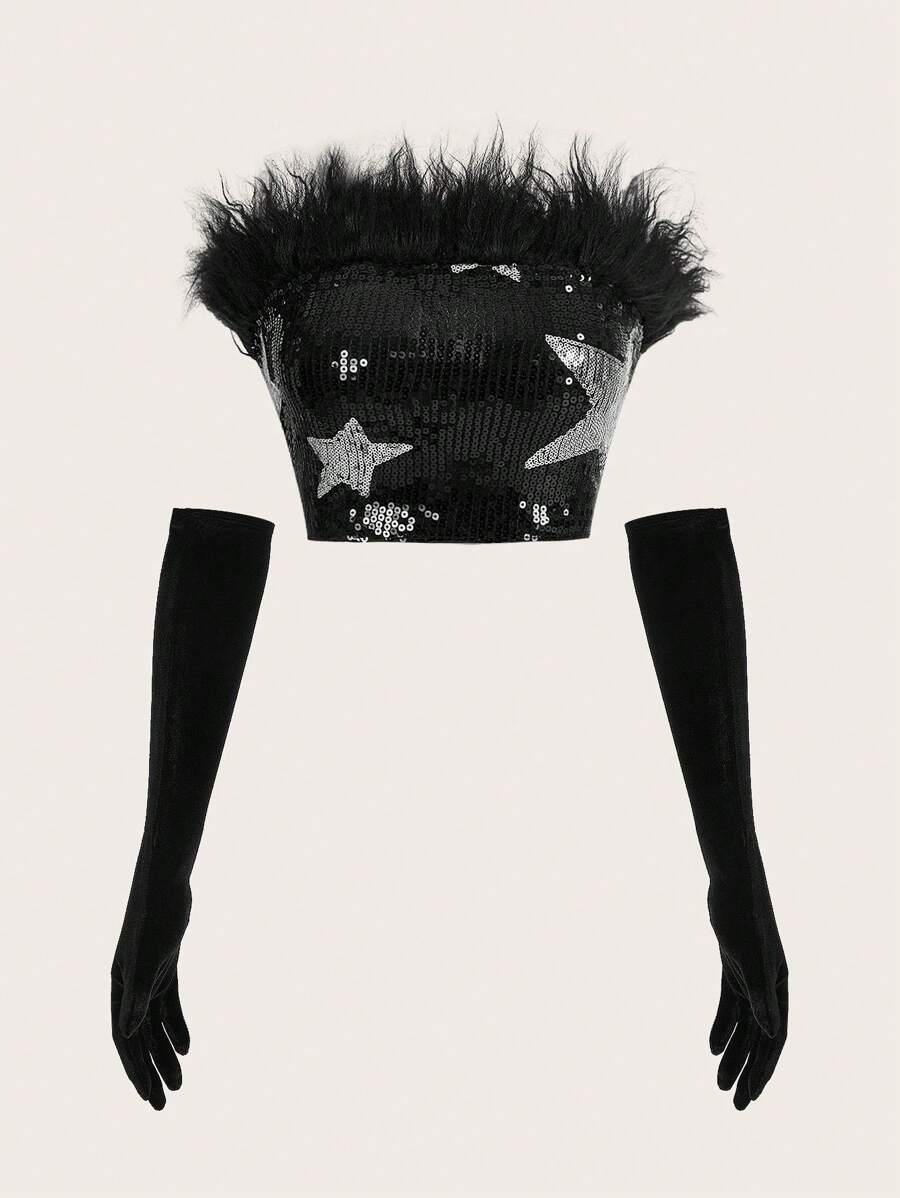 SHEIN ICON 星星印花毛茸邊抹胸上衣帶袖子 - 黑色 - 查看 1