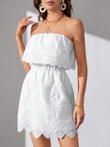 SHEIN Tall 素色網眼刺繡抹胸連衣裙 - 白色 - 查看 4