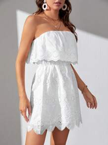 SHEIN Tall 素色網眼刺繡抹胸連衣裙 - 白色 - 查看 6