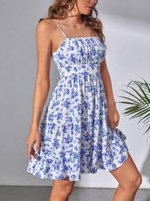 SHEIN Tall Floral Print Ruched Bust Ruffle Hem Cami Dress Sundress - Blue and White - View 3