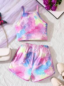 SHEIN Cô gái Tween Nhuộm buộc Bộ áo & quần short Cami - Nhiều màu - Xem 2