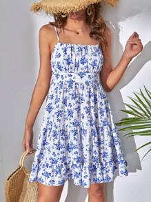 SHEIN Tall Floral Print Ruched Bust Ruffle Hem Cami Dress Sundress - Blue and White - View 5