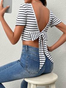 SHEIN Essnce Striped Print Tie Backless Crop Tee - White - View 4