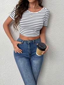 SHEIN Essnce Striped Print Tie Backless Crop Tee - White - View 5