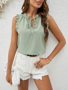 SHEIN Frenchy Blusa de cuello con cordón ribete con fruncido - verde menta - Ver 2