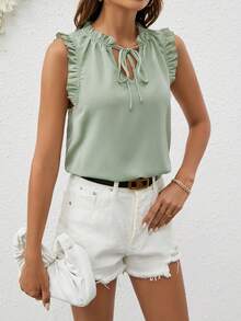 SHEIN Frenchy Blusa de cuello con cordón ribete con fruncido - verde menta - Ver 3