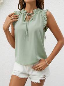 SHEIN Frenchy Blusa de cuello con cordón ribete con fruncido - verde menta - Ver 5