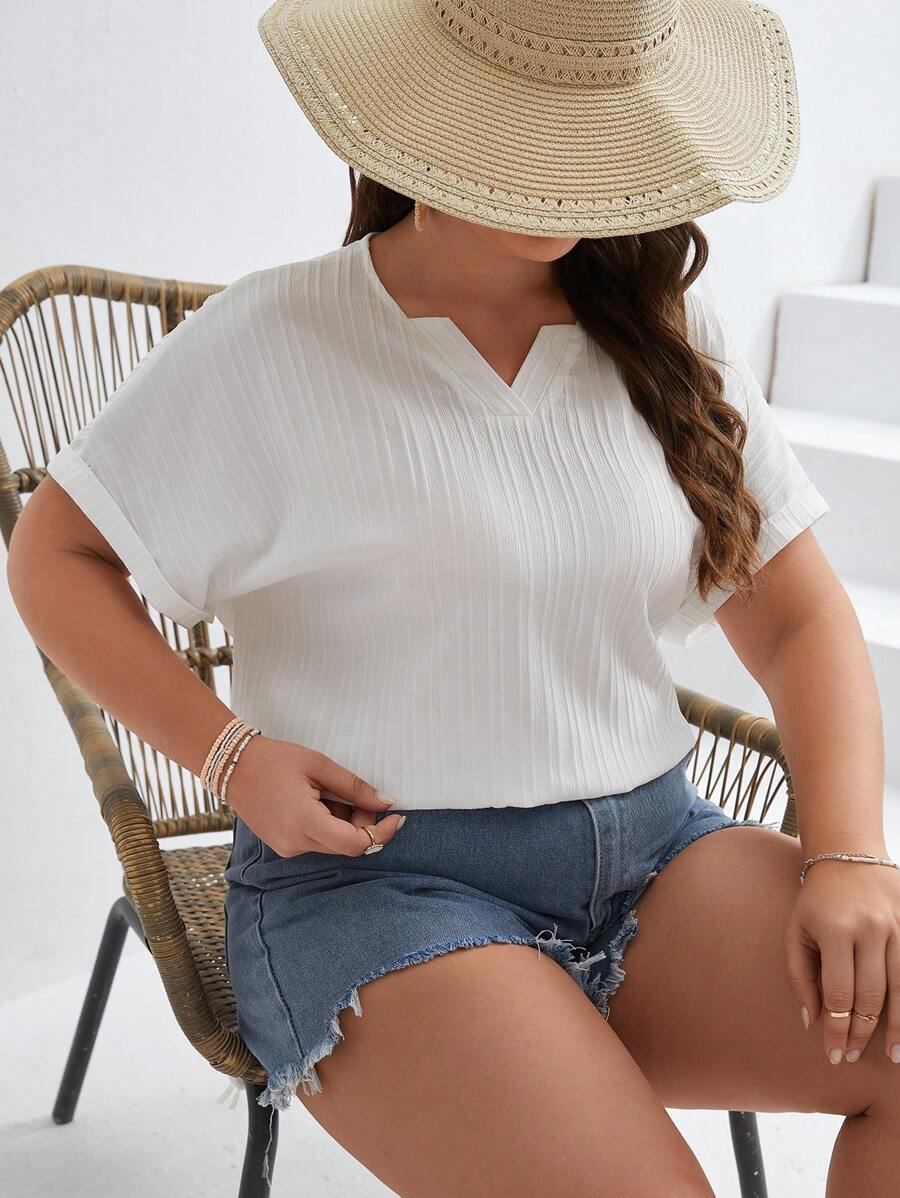 SHEIN Frenchy 大碼缺口領蝙蝠袖襯衫 - 白色 - 查看 1