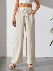 SHEIN Tall Drawstring Waist Slant Pocket Trousers - Beige - View 1