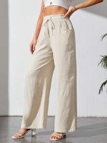SHEIN Tall Drawstring Waist Slant Pocket Trousers - Beige - View 5