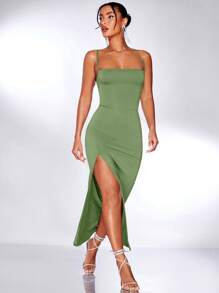 SHEIN BAE Đầm Lộ Lưng Ren lên Tách cao màu trơn Gợi cảm - Màu xanh Bạc hà - Xem 2
