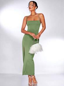 SHEIN BAE Đầm Lộ Lưng Ren lên Tách cao màu trơn Gợi cảm - Màu xanh Bạc hà - Xem 5