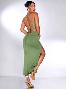 SHEIN BAE Đầm Lộ Lưng Ren lên Tách cao màu trơn Gợi cảm - Màu xanh Bạc hà - Xem 8