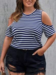 SHEIN Essnce Áo thun Plus size Cắt ra Sọc Giải trí - Xanh và trắng - Xem 3