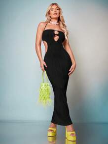 SHEIN BAE Cut Out Front Halter Bodycon Dress - Black - View 1