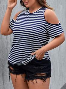 SHEIN Essnce Áo thun Plus size Cắt ra Sọc Giải trí - Xanh và trắng - Xem 1