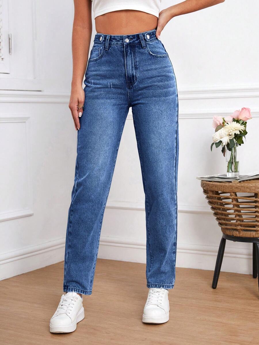 SHEIN Tall Quần jean nữ Nút Túi Dây kéo màu trơn - Rửa trung bình - Xem 1
