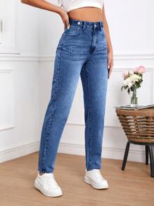 SHEIN Tall Quần jean nữ Nút Túi Dây kéo màu trơn - Rửa trung bình - Xem 4