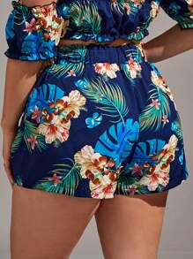 SHEIN VCAY 大碼熱帶印花斜口袋夏季短褲 - 藏蓝色 - 查看 2