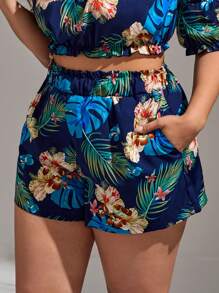 SHEIN VCAY 大碼熱帶印花斜口袋夏季短褲 - 藏蓝色 - 查看 4