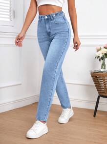SHEIN Tall 高腰牛仔褲 - 淺色水洗藍 - 查看 3