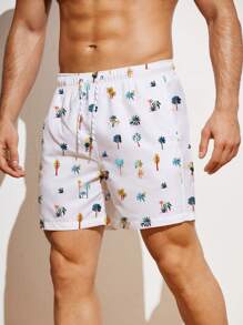 Manfinity Swimmode Hombres Shorts de natación con estampado de árbol de coco de cintura con cordón - Blanco - Ver 1