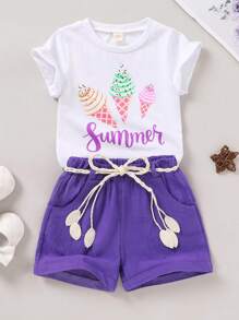 Niñas bebé: Camiseta de cuello redondo con estampado de sandía y letras, cómoda y casual, y shorts deportivos de cintura elástica sólida con cinturón trenzado, adecuado para salidas de verano, vacaciones y fiestas - Multicolor - Ver 1