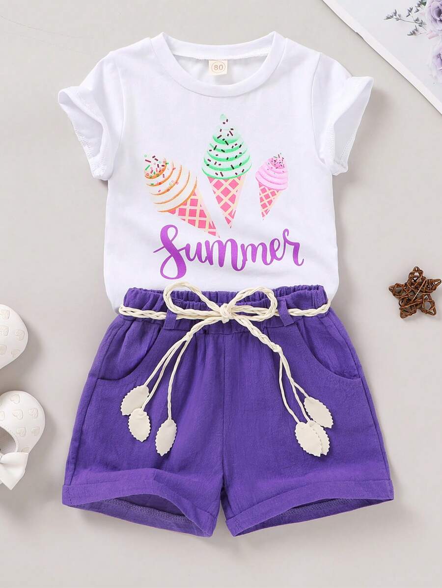 Niñas bebé: Camiseta de cuello redondo con estampado de sandía y letras, cómoda y casual, y shorts deportivos de cintura elástica sólida con cinturón trenzado, adecuado para salidas de verano, vacaciones y fiestas - Multicolor - Ver 1