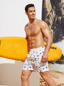 Manfinity Swimmode Hombres Shorts de natación con estampado de árbol de coco de cintura con cordón - Blanco - Ver 4