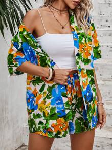 SHEIN VCAY Allover Floral Print Blouse & Tie Front Shorts