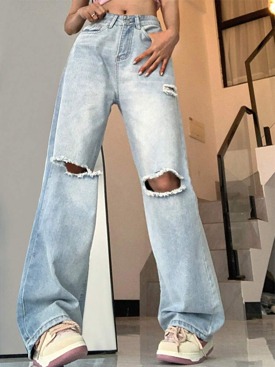Washed Ripped Wide Leg Jeans