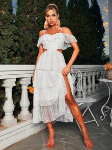 Glamaker 挖肩多層高衩蕾絲連衣裙 - 白色 - 查看 3