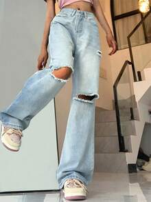 Washed Ripped Wide Leg Jeans
